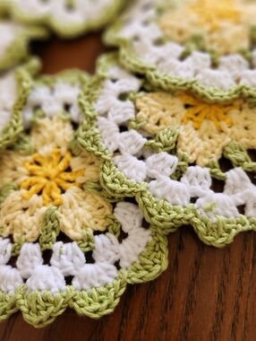 Handmade Crochet Floral Coasters in Yellow, White & Light Green